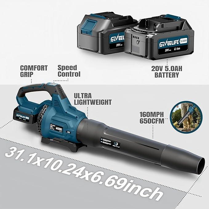 GEVEELIFE Leaf Blower Cordless, 650CFM & 3 Speed Levels, Electric Cordless Leaf Blower with 2 * 5.0Ah Battery Powered, Blowers for Lawn Care, Yard, Blowing Leaves, Dust, Snow - NeatNest