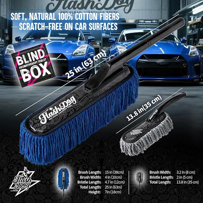 Flash Dog Wood Car Duster & Interior Brush Kit | Scratch-Free Waterless Exterior/Interior Cleaning for Car, SUV, Truck, RV | Waxed Cotton & Microfiber - NeatNest