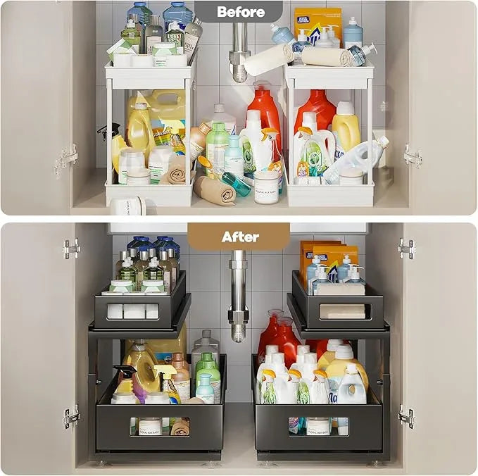 2 Pack 21.3IN-Depth Under Sink Organizer with Next-Gen Ball-Bearing Slides,2-Tier Pull Out Cabinet Storage,Height Adjustable Drawer Shelf for Bathroom,Kitchen,Laundry,Cabinet,Pantry-Black - NeatNest