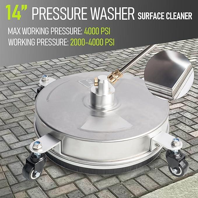 Hourleey 14" Pressure Washer Surface Cleaner, Stainless Steel Surface Cleaner with 4 Wheels for Concrete, Patio, Sidewalk, Deck, Pathway 1/4" Quick Connector, 2 Extension Wand, 4000 PSI - NeatNest
