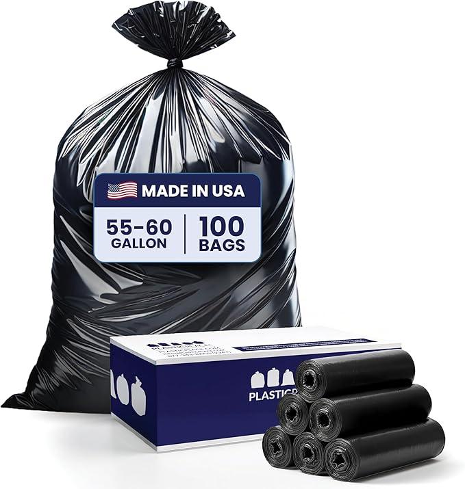Plasticplace 55-60 Gallon Trash Bags │ 1.0 Mil │ Black Heavy Duty Garbage Can Liners │ 38” x 58” (100 Count) - NeatNest