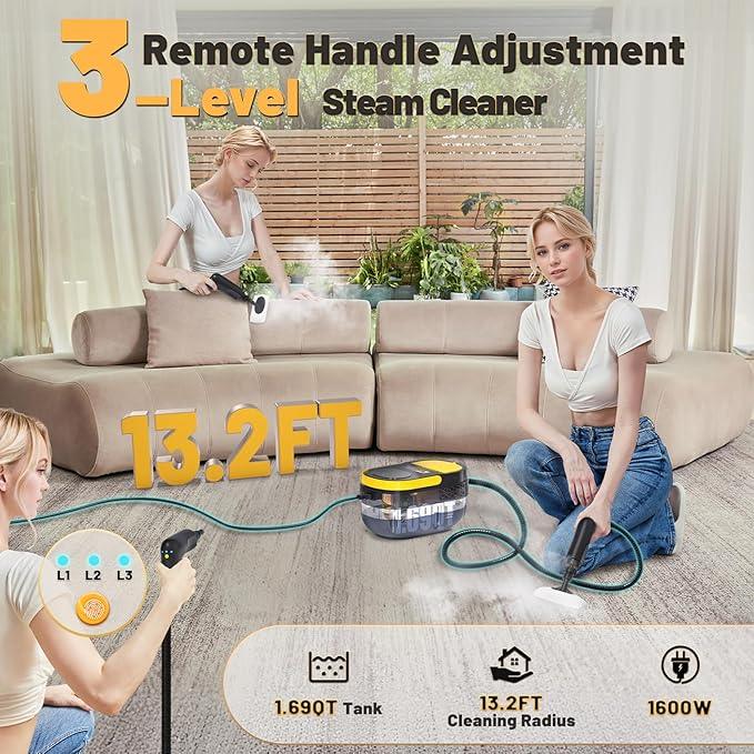 Gautye Steam Cleaner, 3-Level Adjustable Handle, 15s Heat-Up, 1.69 Quarts Tank, Portable Steamer for Cleaning with 15 pcs Accessories, Steam Cleaner for Home for Dirt, Grease, Grout, Tile,Floor, Car - NeatNest