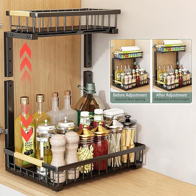 2 Pack 2 Tiers Pull Out Under Sink Organizers, Metal Kitchen Storage Shelf, Pull Out Under Sink Storage Rack, Multi-purpose Under Sink Shelf Organizer for Under Sink Cabinet Bathroom Kitchen (Black) - NeatNest