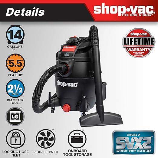 Shop-Vac 5801411 14-Gallon Wet/Dry Shop Vacuum, 5.5 Peak HP, 2.5 Inch Diameter x 7 Foot Hose, 20 Foot Cord, Ideal for Home, Garage, and Workshop Cleaning - NeatNest