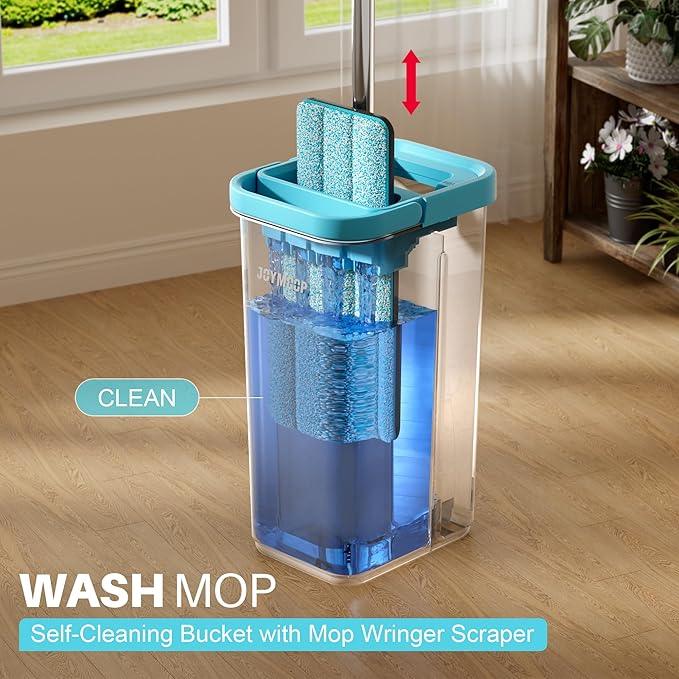 JOYMOOP Mop and Bucket Set with Wringer, with 3 Reusable Microfiber Mop Pads, Mops for Floor Cleaning and Wall Cleaning, Hands-Free Flat Mop for Home Use - Grey+Cyan Blue - NeatNest