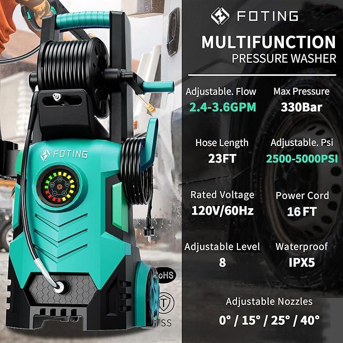 2025Upgraded Pressure Washer 5000PSI with Adjustable Touch Screen 8 Level, 34" Tall, 4 Quick Connect Nozzles,Inlet Hose&Filter&500mlFoam Cannon for Cars/Fences/Driveways/Home Cleaning,Green - NeatNest