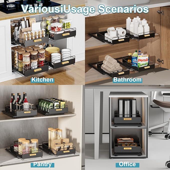 Under Sink Organizer, Kitchen Under Sink Organizers and Storage, Mute Pull Out Cabinet Organizer Shelf, Metal Sliding Drawer for Kitchen Bathroom Pantry Cabinet Closet Organization Rack, Black - NeatNest