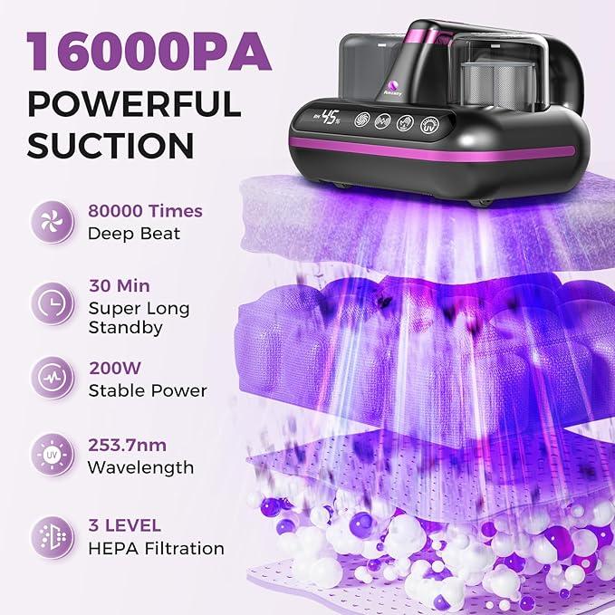 Mattress Vacuum Cleaner - 5-in-1 Cordless Bed Vacuum Cleaner, Powered by Ultrasonic Technology, 16Kpa Strong Suction,Low Noise,Suitable for Dust, Pet Hair, Etc - Grey - NeatNest