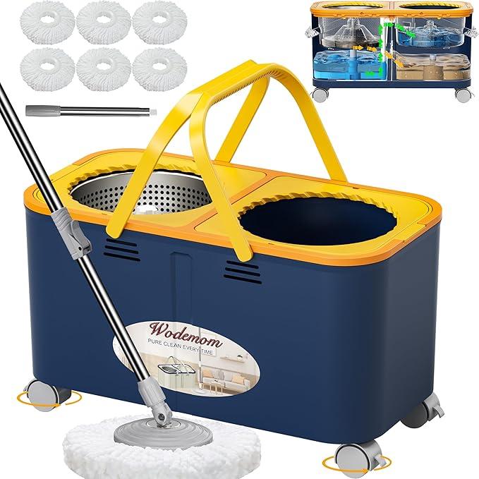2025 Upgraded Gen 1 Mop and Bucket with 360° Swivel Wheels for Easy Rolling, Clean & Dirty Water Separation, Hands-Free Wringer, 6 Microfiber Mop Heads for Wood, Tile, and Floor Cleaning – Blue/Yellow - NeatNest
