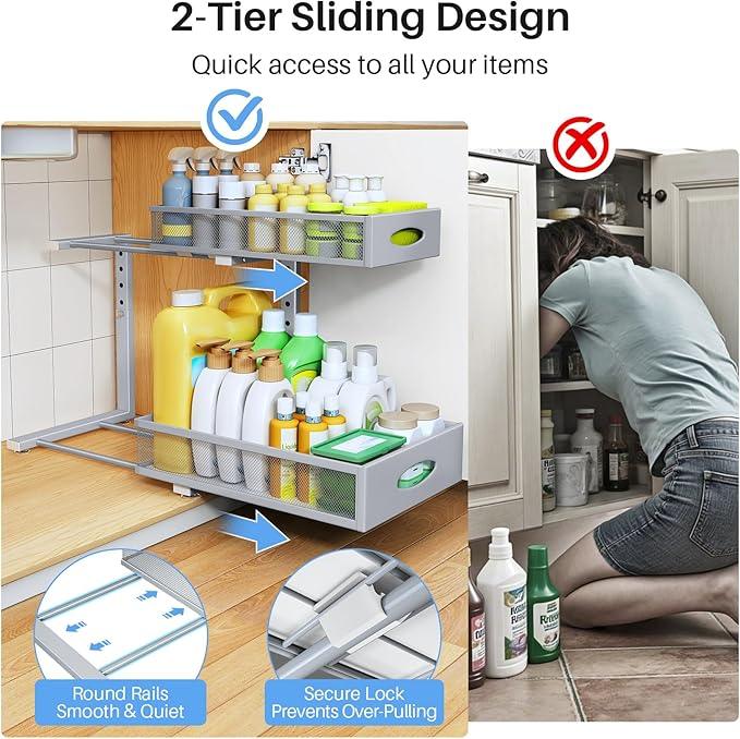 Under Sink Organizer, 2 Pack 2 Tier Pull Out Under Cabinet Organizer Shelf with Pad for Framed Cabinets, Metal Slide Out Under Sink Storage, Mesh Sliding Drawers for Kitchen Bathroom Laundry, Grey - NeatNest