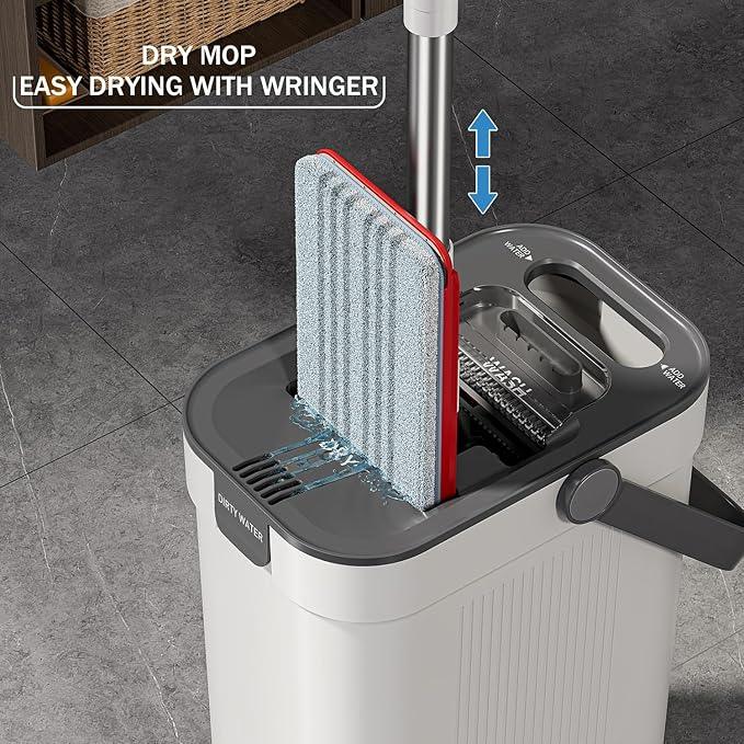 Mop and Bucket Set, Flat Mop and Bucket System with Separate Dirty and Clean Water, 3-Compartment Wall Cleaner Mop, Flat Mops for Floor Cleaning with 6 Microfiber Pads - NeatNest