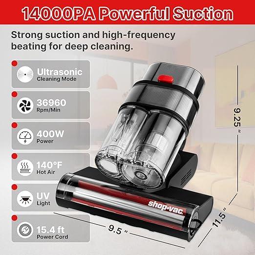 Shop-Vac Mattress Vacuum Cleaner, 14KPa Powerful Bed Vacuum with 253.7nm UV-C Light, 36960 RPM/Min Tapping, HEPA Filter & Ultrasonic, Dual Cup Filtration, for Bed, Sofa, Couch, 400W, 15.4 ft Corded - NeatNest