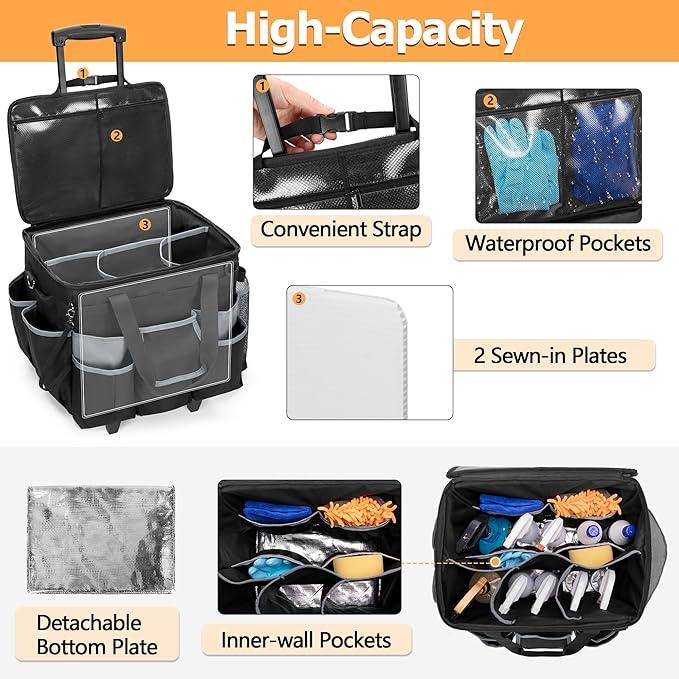 Large Rolling Cleaning Caddy with Detachable Trolley & Lid, Cleaning Cart on Wheels with Shoulder Strap & Handles, Cleaning Supplies Organizer with Multi Pockets for Cleaning Tools Storage - NeatNest