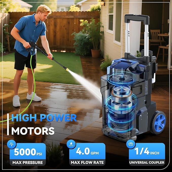 Electric Pressure Washer, 5000 PSI 4.0 GPM Heavy Duty Power Washer, with 4 Nozzles,Foam Cannon,33FT Hose Reel and 500ml Soap Bottle for Home/Cars(Light Blue) - NeatNest