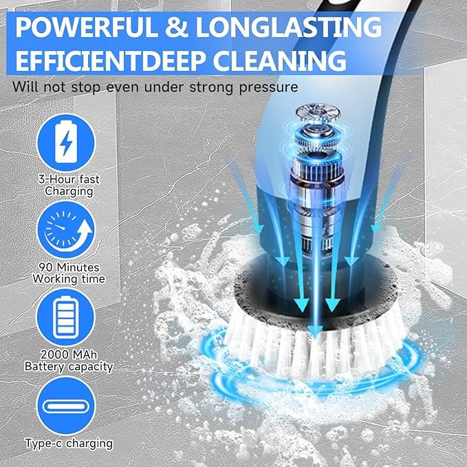 PUNOMO Electric Spin Scrubber, Cordless Waterproof Cleaning Brush with 8 Replaceable Brush Heads - 120Mins Work Time Adjustable Long Handle 2 Speeds 360 Power Scrubber for Bathroom Shower Kitchen Car - NeatNest