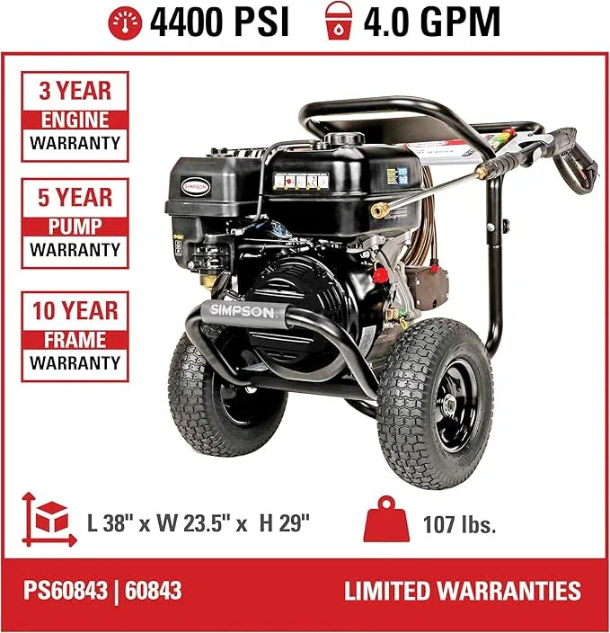 Simpson 4400 PSI Gas Pressure Washer, 4.0 GPM Commercial Power Washer, Cold Water, 50' Hose, PowerShot, 49-State Compliant (PS60843) - NeatNest