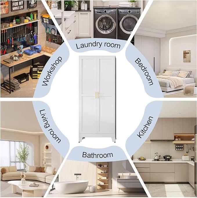 White Metal Storage Cabinet,75" Steel Cabinets for Home Office, Kitchen Pantry Storage Cabinet with Doors and 5 Adjustable Shelves, Tool Cabinets, for Office, Home, Garage, School - NeatNest