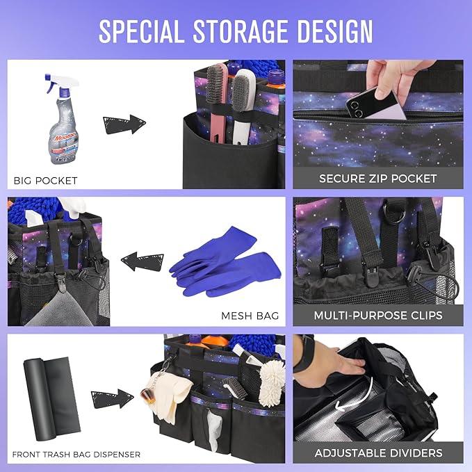 Wearable Cleaning Caddy, Cleaning Caddy Supplies Organizer with Handle & Shoulder Straps for Housekeepers, Under Sink & Car Cleaning Tool Organizers Bag with 4 Foldable Divider (StarrySky) - NeatNest