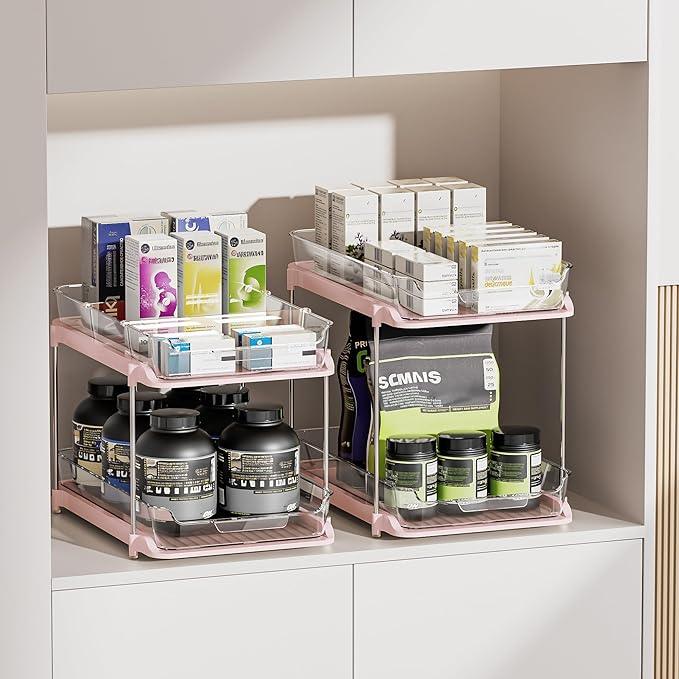 Delamu 2-Tier Multi-Purpose Bathroom Under Sink Organizers and Storage, Stackable Kitchen Pantry Organization, Pull Out Medicine Cabinet Organizer with Movable Dividers, Pink, 2 Pack - NeatNest