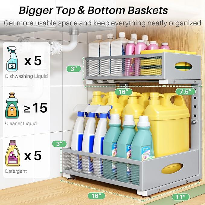 Under Sink Organizer, 2-Pack Pull Out Cabinet Organizer 2 Tier Metal Slide Out Storage Shelf Rack, L-Shaped Adjustable Height,Mesh Sliding Drawer for Kitchen, Bathroom, Laundry, Pantry, Grey, XL - NeatNest