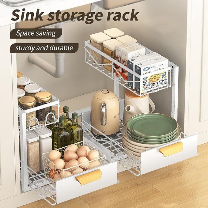 Under Sink Organizer - 2 Tier Pull Out Cabinet Organizer with Sliding Drawers, Adjustable Metal Storage Shelf for Kitchen & Bathroom, Space Saving Storage Solution (White, 1-Pack) - NeatNest
