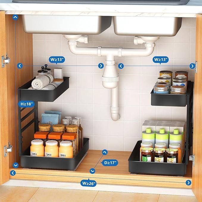 EVERIE Metal Pull Out Slide Shelf Organizer for Under Sink Organization in Kitchen, Bathroom, Counter, Cabinets, Minimum Available Space 13" Wide x 16.5" Deep (Black, 1 Set) - NeatNest