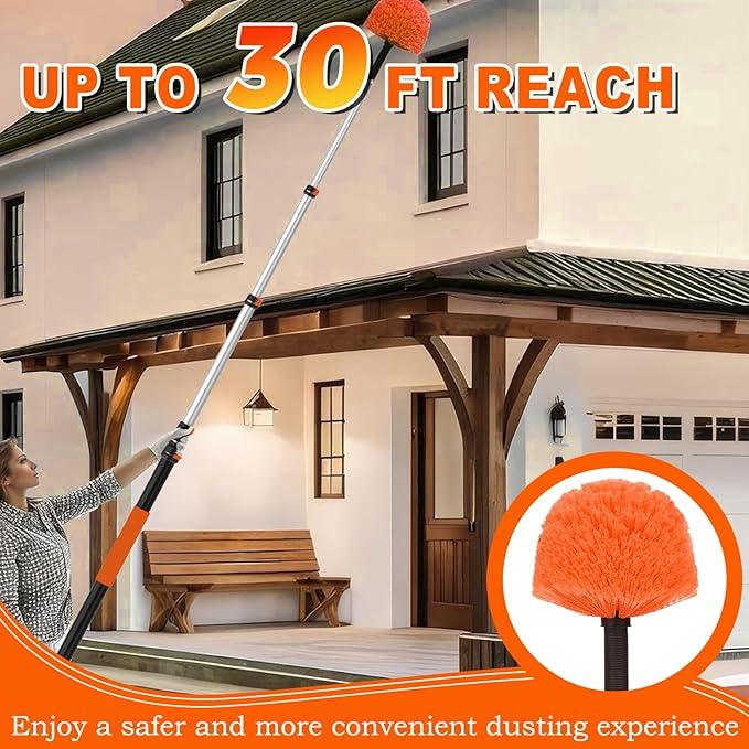 30FT Reach Cobweb Duster with Extension Pole, High Ceiling Long Duster with 5-24FT Telescoping Pole, Spider Web Brush for Indoor Outdoor Use - NeatNest