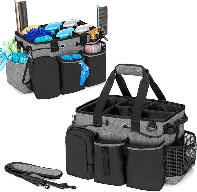 LoDrid Large Professional Cleaning Caddy with Detachable Divider, Supply Organizer with Handle and Shoulder Strap, Cleaning Bags for Housekeepers & Cleaners, Black - NeatNest