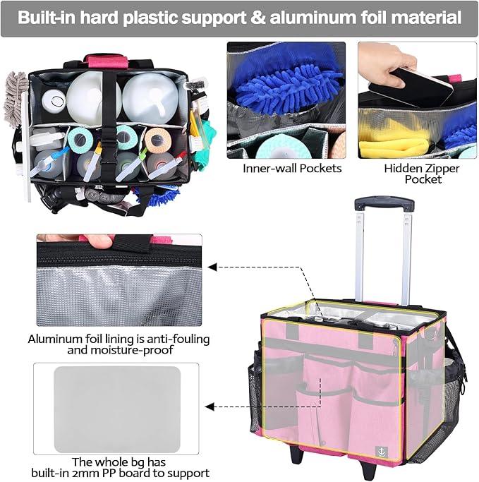 Extra Large Rolling Cleaning Caddy Bag with Detachable, Foldable Trolley Portable Cleaning Cart for Housekeeping Cleaning Caddy with Adjustable Shoulder Strap and Multiple Storage Pockets - NeatNest