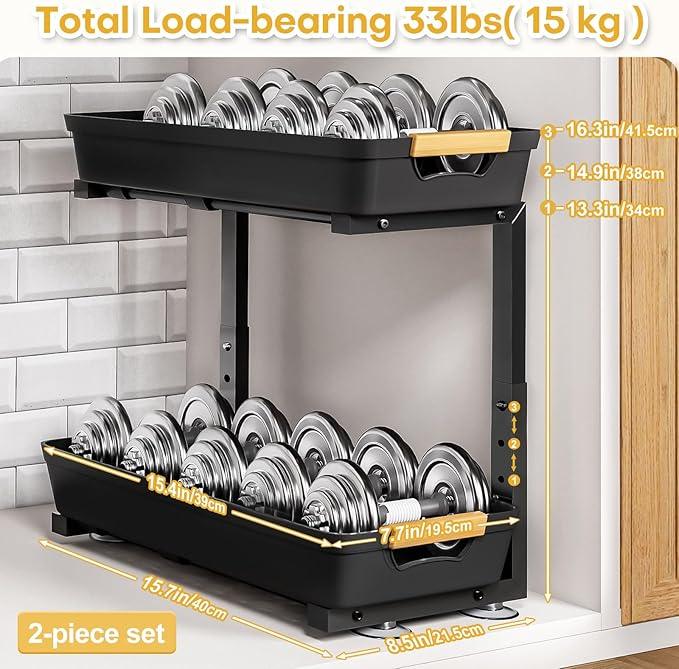 Homde 2-Tier Under Sink Organizer: 2pcs Set Adjustable Pull Out Drawer Undersink Cabinet Storage Rack for Home Kitchen Bathroom - NeatNest