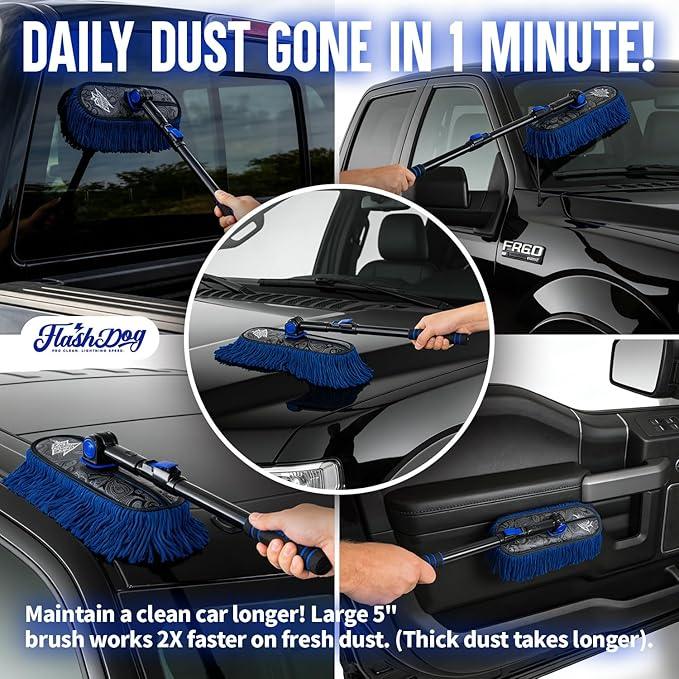 Flash Dog Car Duster Exterior with Car Duster Interior Wax Cotton Hair Scratch Free Cleaning for Cars, SUVs, Trucks | Waterless Dust Remover & Detailing Brushes Set with Storage - NeatNest