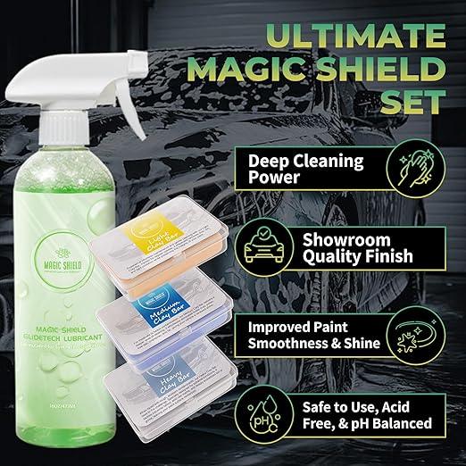 Magic Shield Clay Bar Triple Pack – 100g Light, Medium & Heavy Bars + GlideTech Lubricant Spray | Professional Auto Detailing, Deep Cleaning & Shine Restoration - NeatNest