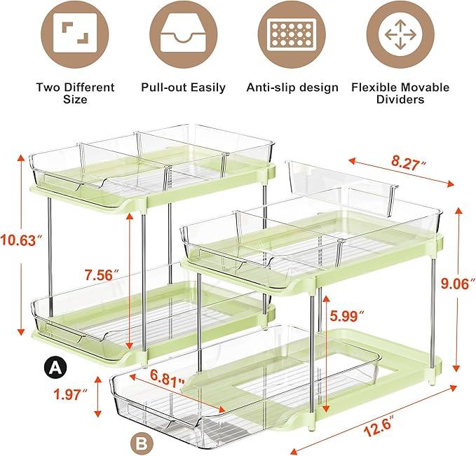 Delamu 2-Tier Multi-Purpose Bathroom Under Sink Organizers and Storage, Stackable Kitchen Pantry Organization, Pull Out Medicine Cabinet Organizer with Movable Dividers, Green, 2 Pack - NeatNest