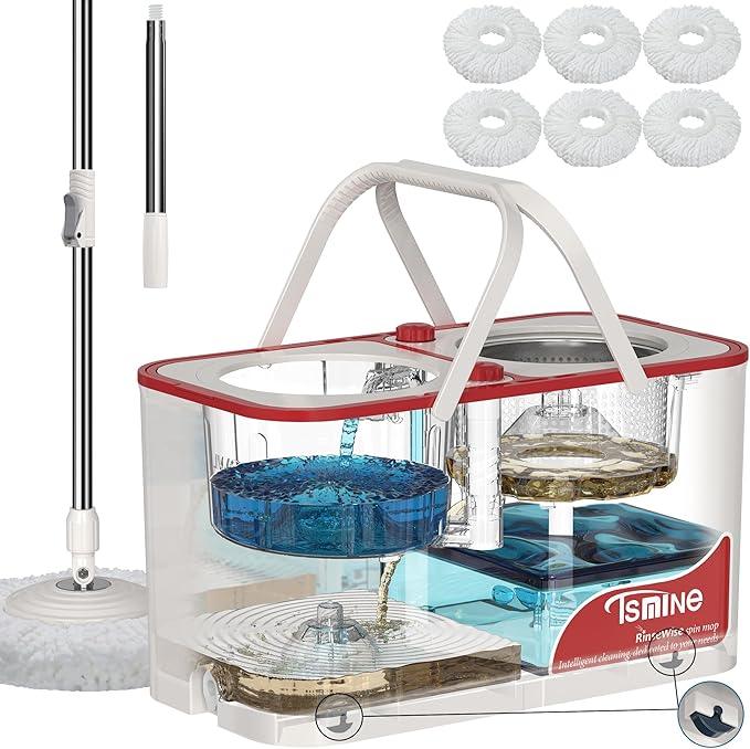 Gen 1 Large-Capacity Spin Mop and Bucket – for Big Homes & Deep Cleaning Days,4-Chamber System Separates Dirty & Clean Water, 2-GAL Heavy-Duty Design with Wheels & 6 Refill Mop Heads - White/Red - NeatNest