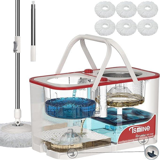 Gen 1 Large-Capacity Spin Mop and Bucket – for Big Homes & Deep Cleaning Days,4-Chamber System Separates Dirty & Clean Water, 2-GAL Heavy-Duty Design with Wheels & 6 Refill Mop Heads - White/Red - NeatNest