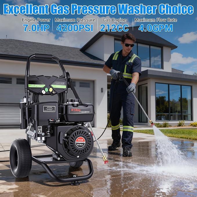 4200PSI Pressure Washer 4.0GPM Gas Power Washer 212CC Gas Powered Washing Machine Commercial High Pressure Washer with 25ft Hose&5 Nozzles for Patio Garden Yard Vehicle,EPA/CARB/ETL (Black) - NeatNest