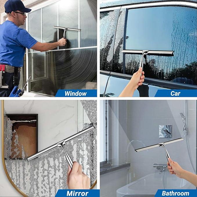 ecooe Stainless Steel Shower Squeegee with Hook, 12″ Shower Glass Cleaner Wiper Scraper with 2 Replacement Blade Window Squeegee for Home Bathroom Kitchen Car Glass Doors - NeatNest