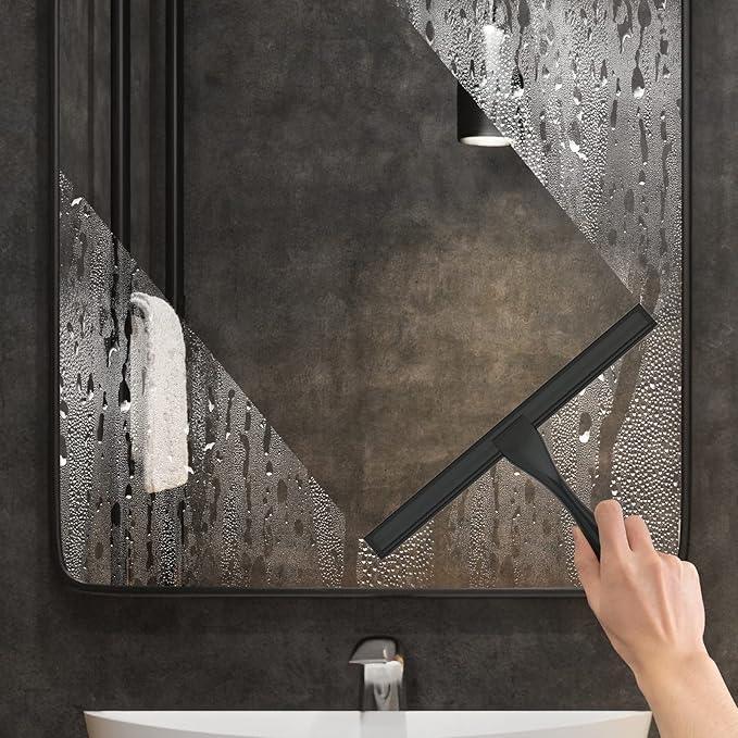 All-Purpose Stainless Steel Shower Squeegee for Shower Doors with 2 Adhesive Hooks, Bathroom Cleaner Tool Household Window Mirror Squeegee for Home Cleaning, Glass Door, Tile Wall, Car, 12 Inch Black - NeatNest