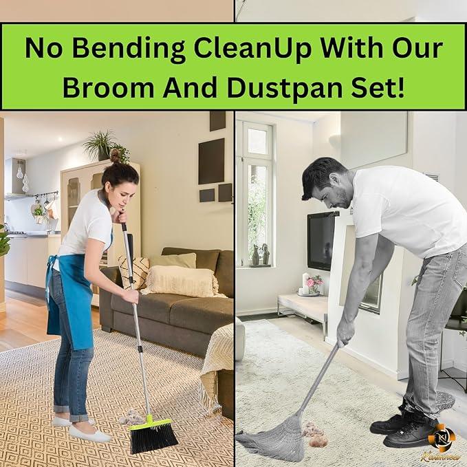 Standing Broom and Dustpan Set, Built-in Scraper Teeth, No-Slip Grip, Dust Collection Tray for Home, Office, Lobby, and Outdoor, Adjustable Handle from 38.18" to 52" (Black & Green) - NeatNest