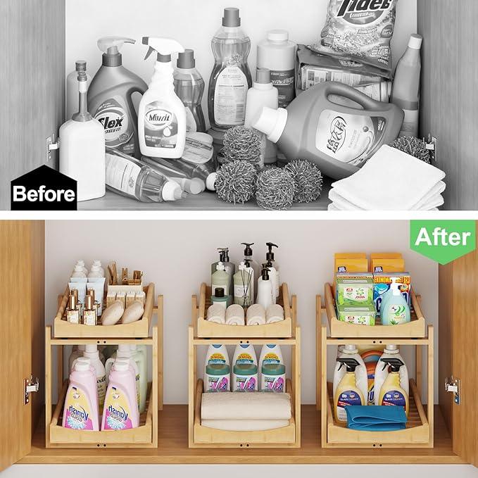 Bamboo Under Sink Organizer and Storage, 2 Pack Pull Out Cabinet Organization, 2 Tier Vertical Slide Out Undersink Storage Shelf, Multi-Purpose Organizer Shelves for Kitchen Bathroom Medicine - NeatNest