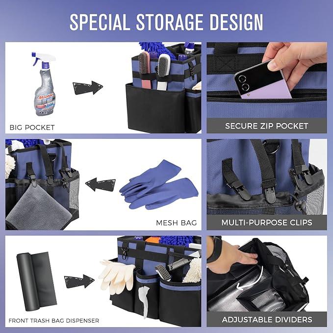 Wearable Cleaning Caddy, Cleaning Caddy Supplies Organizer with Handle & Shoulder Straps for Housekeepers, Under Sink & Car Cleaning Tool Organizers Bag with 4 Foldable Divider (CeruleanBlue) - NeatNest