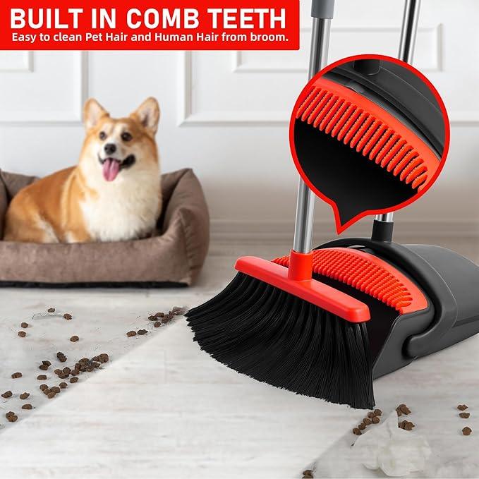 Broom and Dustpan Set for Home,52-in Long Adjustable Handle Angle Broom for Sweeping Indoor Dustpan Teeth to Clean Pet Hair Suitable for Home Kitchen Office - NeatNest