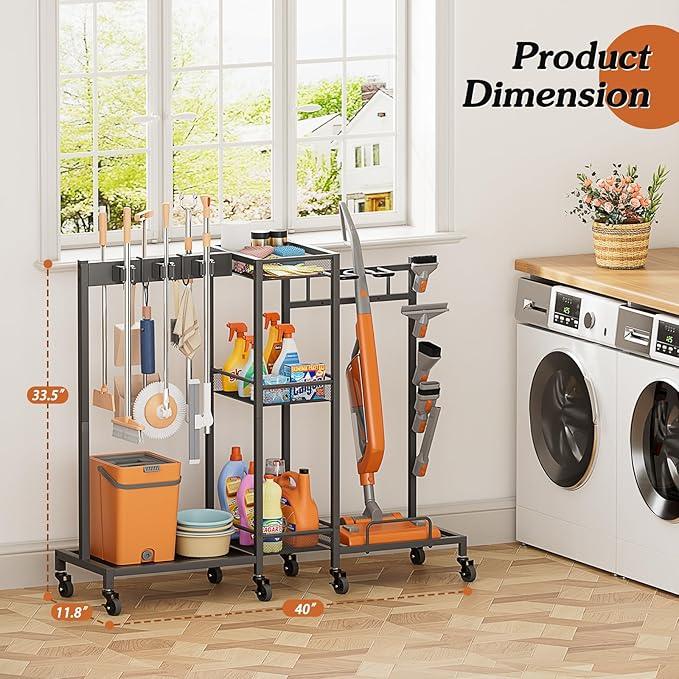 Broom Holder with Cleaning Supplies Organizer, Broom Closet Storage Cabinet with Cleaning Caddy Vacuum Stand, Cleaning Cart with Mop Hanger Gripper Rack Hook, Laundry Room Organization Home Essentials - NeatNest