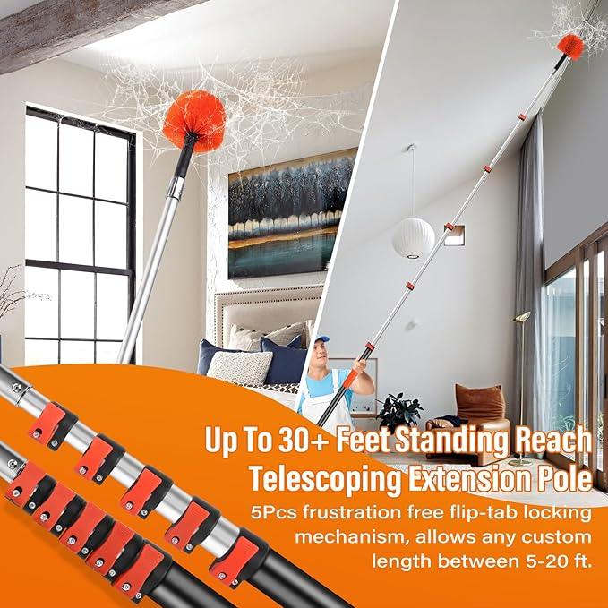30FT Reach Cobweb Duster with Extension Pole,Spider Web Brush for Cleaning with 5-24FT Telescoping Pole,5-Stage Lightweight & Sturdy Telescopic Web Cobweb Duster Pole for Outdoor Indoor Use - NeatNest