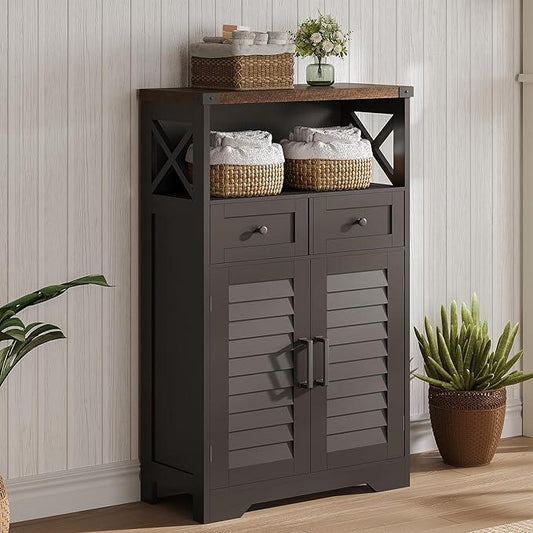 ChooChoo Farmhouse Storage Cabinet, Bathroom Floor Cabinet with Doors and Drawers, Kitchen Pantry Cabinet for Living Room, Laundry, Black - NeatNest