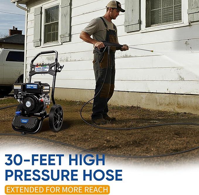 TOOLCY Gas Pressure Washer 3400PSI/2.8GPM Power Washer Upgraded Pump, 30ft Hose, Onboard Soap Tank, Spray Gun &5 Quick-Connect Nozzles for Driveway, Deck, Car Cleaning - NeatNest