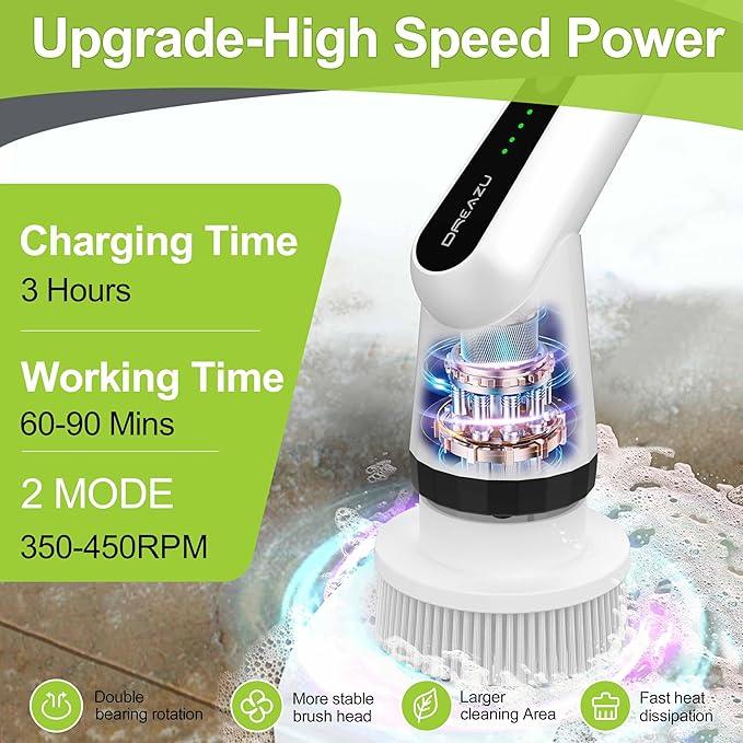WKY-Electric Spin Scrubber - Upgraded 10-in-1 IPX7 Waterproof Shower Scrubber, Retractable Handle & 2-Speed for Toilet, Bathroom, Bathtub, Tile Floors - NeatNest
