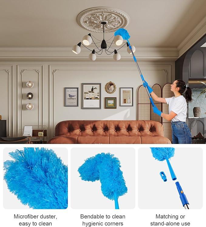Window Squeegee Cleaner with 4 Stainless Steel Extension Poles,Long Reach to 58inch, Scrubber, Glass Scraper, Bendable Duster, 2 Scrubber Cloth for Window, Car, Professional Cleaning Kit - NeatNest
