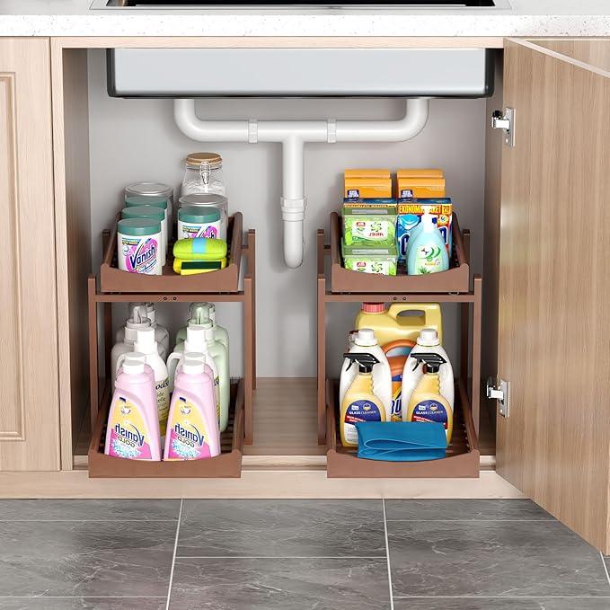 Bamboo Under Sink Organizer and Storage, 2 Pack Pull Out Cabinet Organization, 2 Tier Vertical Slide Out Undersink Storage Shelf, Multi-Purpose Organizer Shelves for Kitchen Bathroom Medicine, Brown - NeatNest