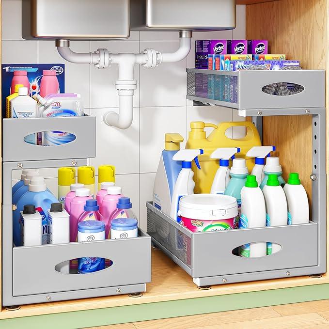 Under Sink Organizer, 1-Pack Pull Out Cabinet Organizer 2 Tier Metal Slide Out Storage Shelf Rack, L-Shaped Adjustable Height,Mesh Sliding Drawer for Kitchen, Bathroom, Laundry, Pantry, Grey, XL - NeatNest